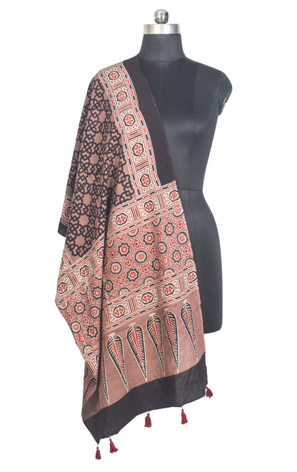 Ajrakh Cotton Natural Dye Hand Block Print Stole with Tassels - 2.1 Mtr Length   -  SKU : ID03901A