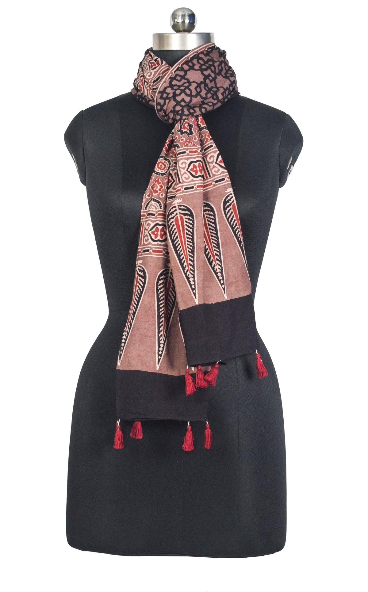 Ajrakh Cotton Natural Dye Hand Block Print Stole with Tassels - 2.1 Mtr Length   -  SKU : ID03901A
