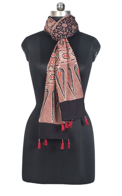 Ajrakh Cotton Natural Dye Hand Block Print Stole with Tassels - 2.1 Mtr Length   -  SKU : ID03901A
