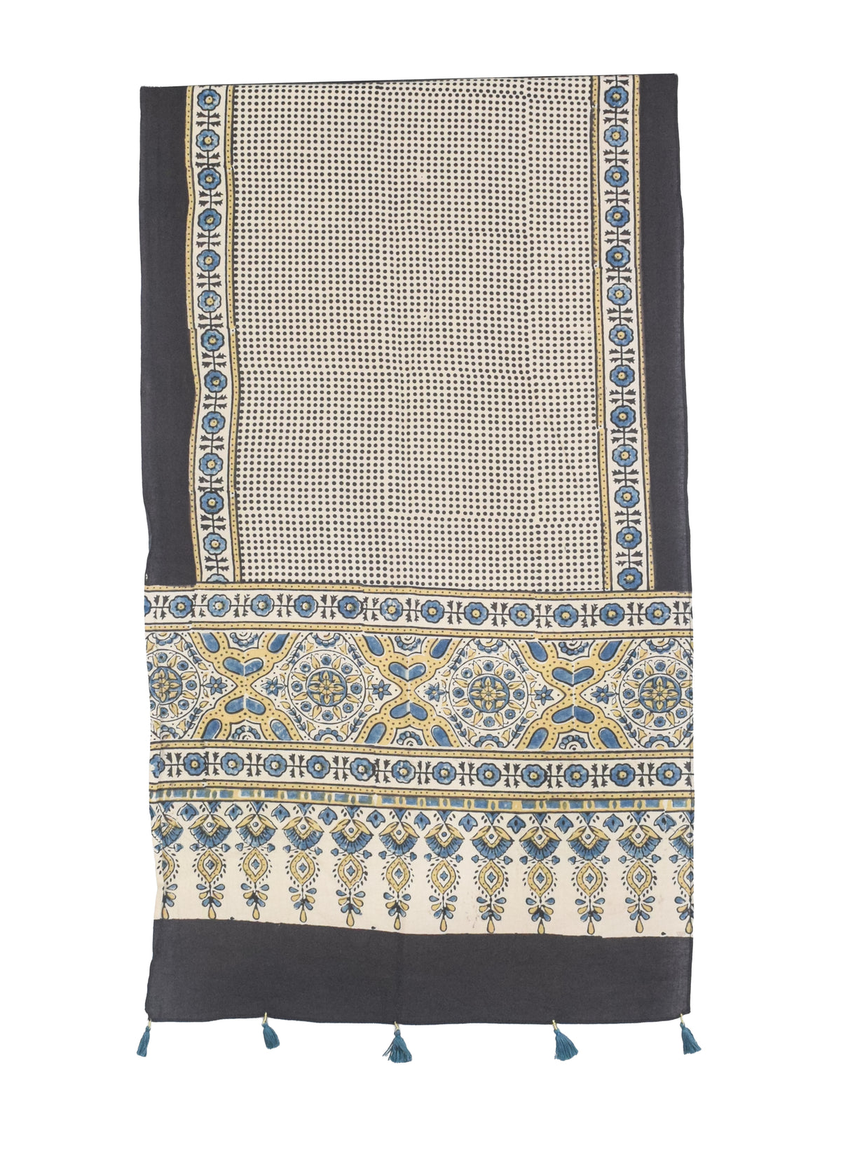Ajrakh Cotton Natural Dye Hand Block Print Stole with Tassels - 2.1 Mtr Length   -  SKU : ID03901B