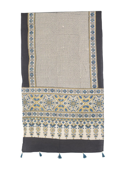 Ajrakh Cotton Natural Dye Hand Block Print Stole with Tassels - 2.1 Mtr Length   -  SKU : ID03901B