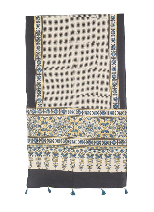Ajrakh Cotton Natural Dye Hand Block Print Stole with Tassels - 2.1 Mtr Length   -  SKU : ID03901B
