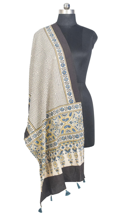 Ajrakh Cotton Natural Dye Hand Block Print Stole with Tassels - 2.1 Mtr Length   -  SKU : ID03901B