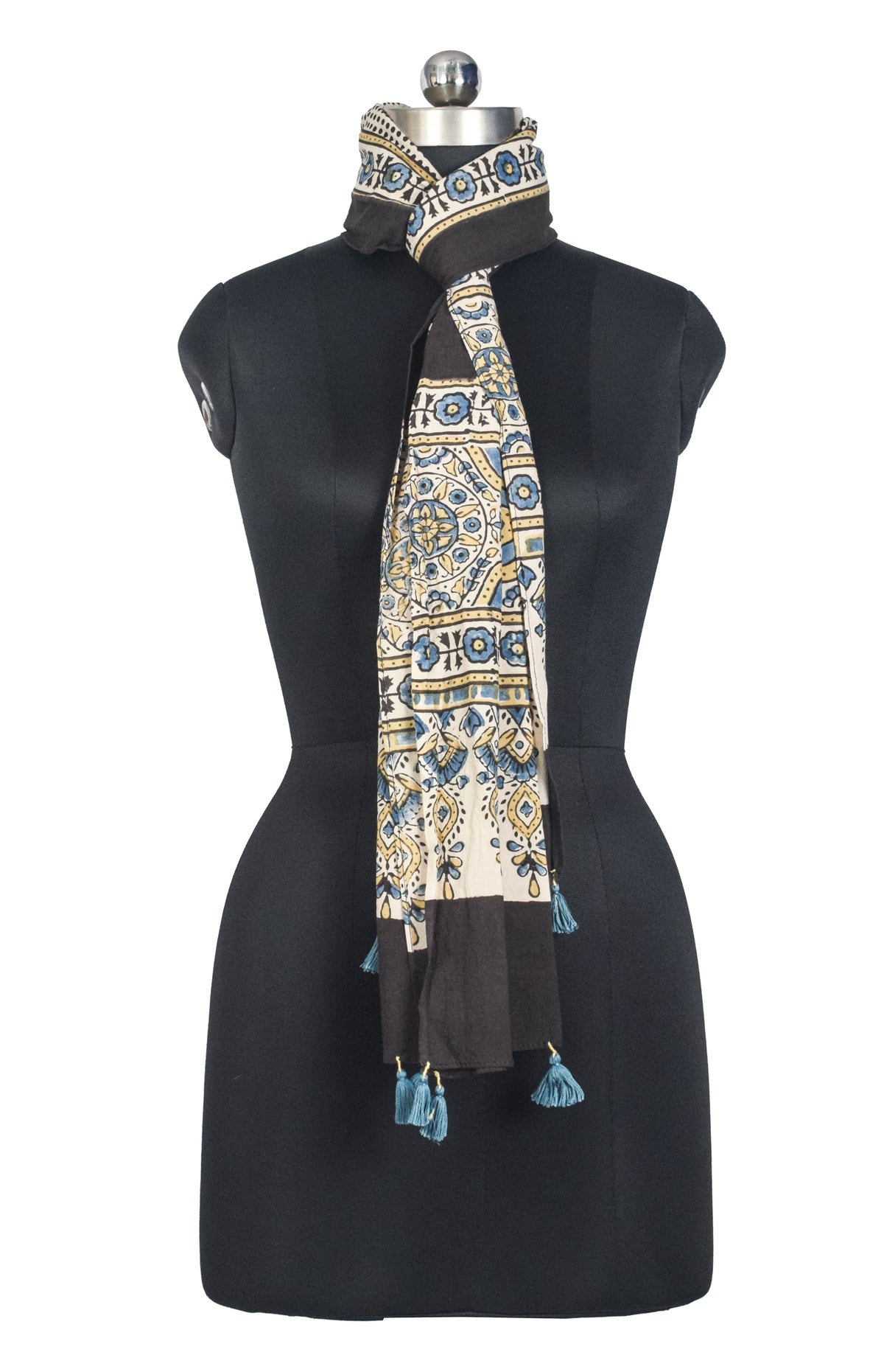 Ajrakh Cotton Natural Dye Hand Block Print Stole with Tassels - 2.1 Mtr Length   -  SKU : ID03901B