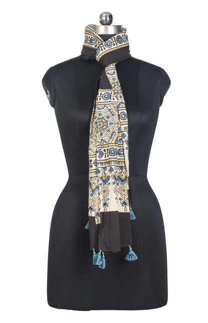 Ajrakh Cotton Natural Dye Hand Block Print Stole with Tassels - 2.1 Mtr Length   -  SKU : ID03901B