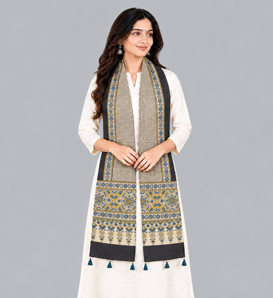 Ajrakh Cotton Natural Dye Hand Block Print Stole with Tassels - 2.1 Mtr Length   -  SKU : ID03901B