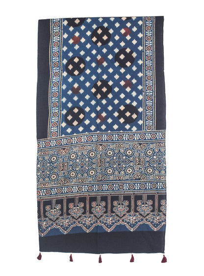 Ajrakh Cotton Natural Dye Hand Block Print Stole with Tassels - 2.1 Mtr Length   -  SKU : ID03901E