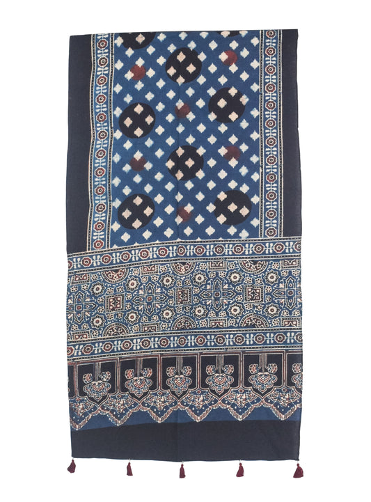 Ajrakh Cotton Natural Dye Hand Block Print Stole with Tassels - 2.1 Mtr Length   -  SKU : ID03901E