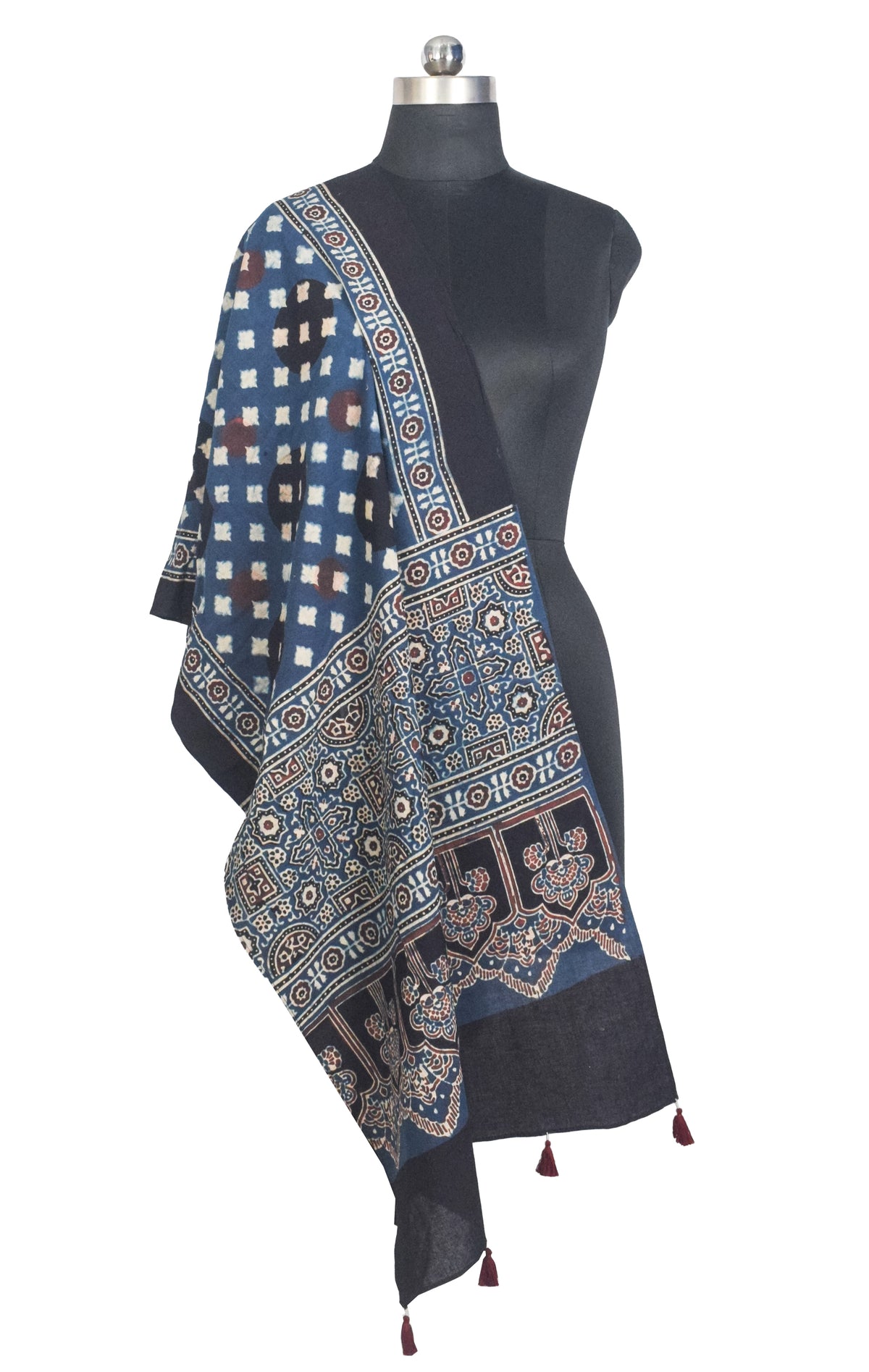 Ajrakh Cotton Natural Dye Hand Block Print Stole with Tassels - 2.1 Mtr Length   -  SKU : ID03901E
