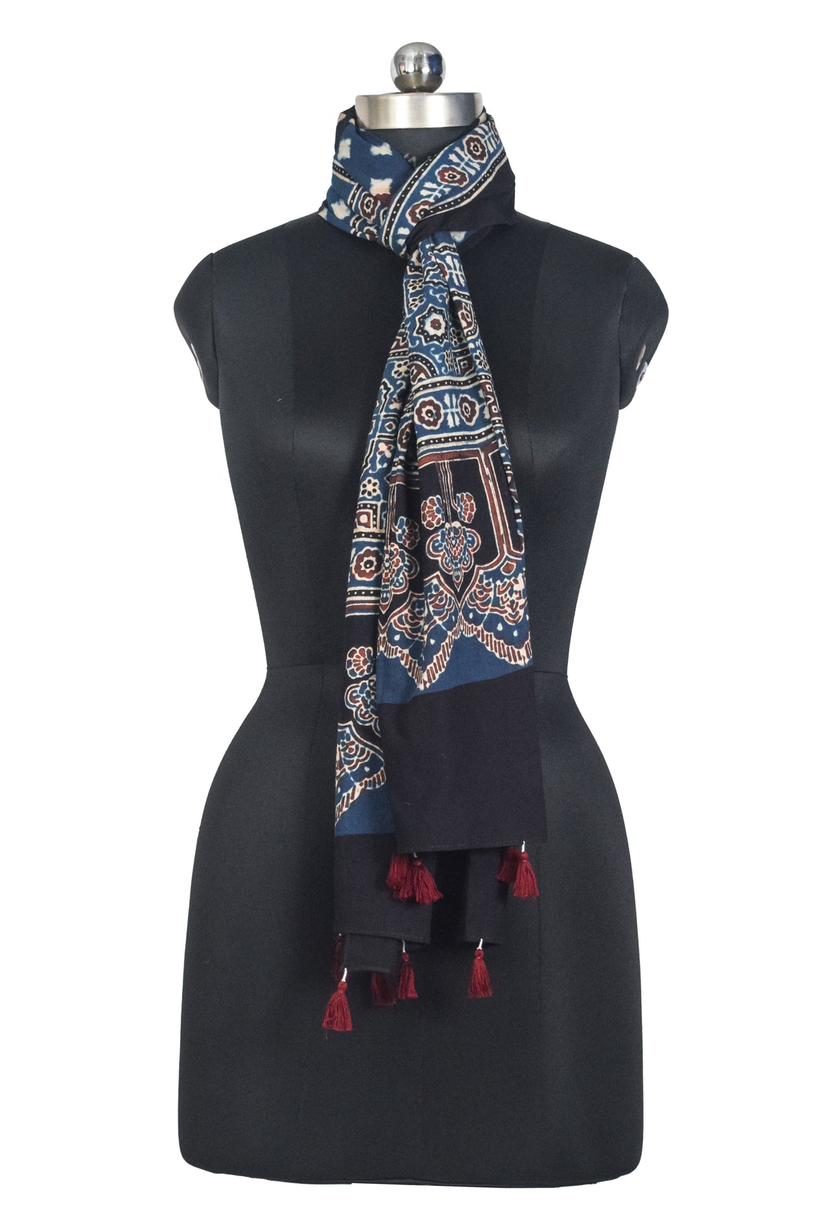 Ajrakh Cotton Natural Dye Hand Block Print Stole with Tassels - 2.1 Mtr Length   -  SKU : ID03901E