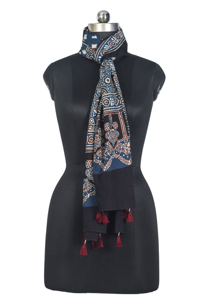 Ajrakh Cotton Natural Dye Hand Block Print Stole with Tassels - 2.1 Mtr Length   -  SKU : ID03901E