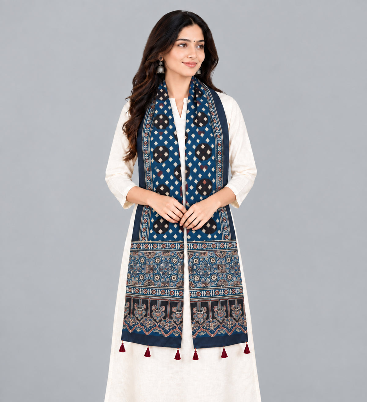 Ajrakh Cotton Natural Dye Hand Block Print Stole with Tassels - 2.1 Mtr Length   -  SKU : ID03901E