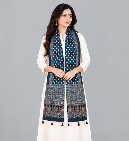 Ajrakh Cotton Natural Dye Hand Block Print Stole with Tassels - 2.1 Mtr Length   -  SKU : ID03901E