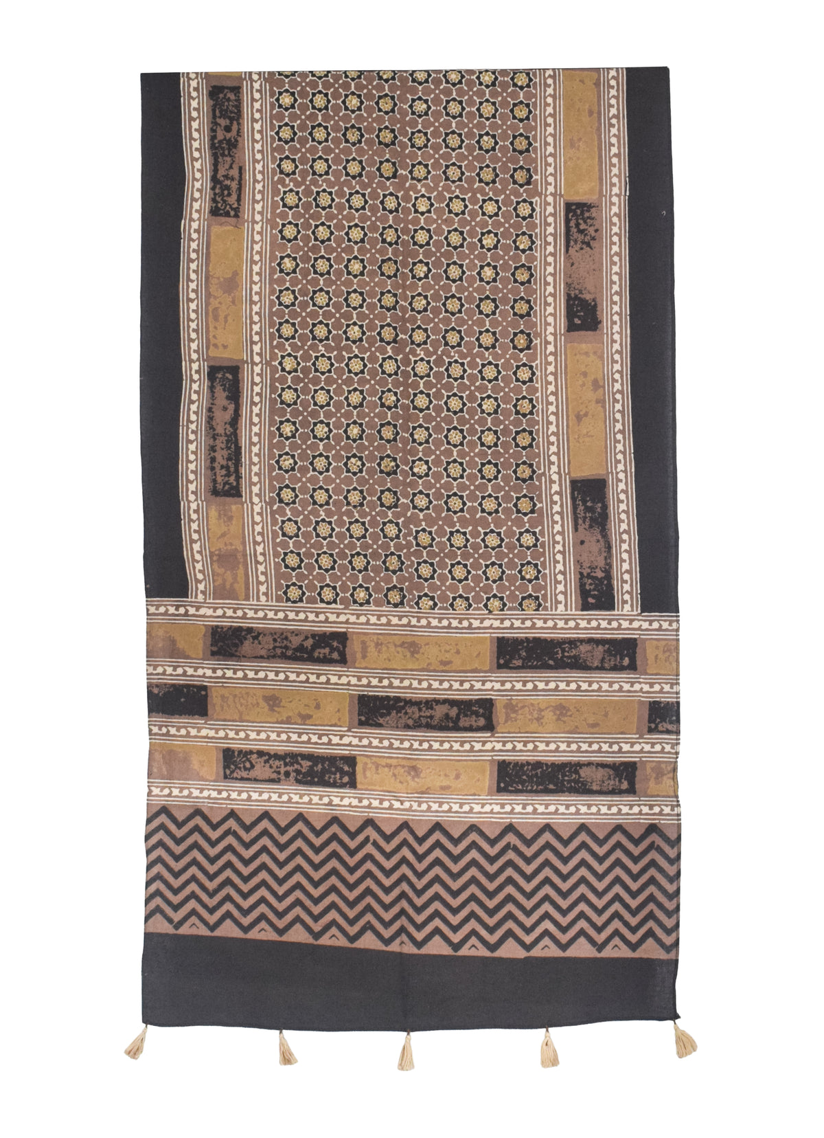 Ajrakh Cotton Natural Dye Hand Block Print Stole with Tassels - 2.1 Mtr Length   -  SKU : ID03901C