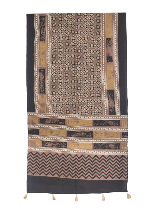 Ajrakh Cotton Natural Dye Hand Block Print Stole with Tassels - 2.1 Mtr Length   -  SKU : ID03901C