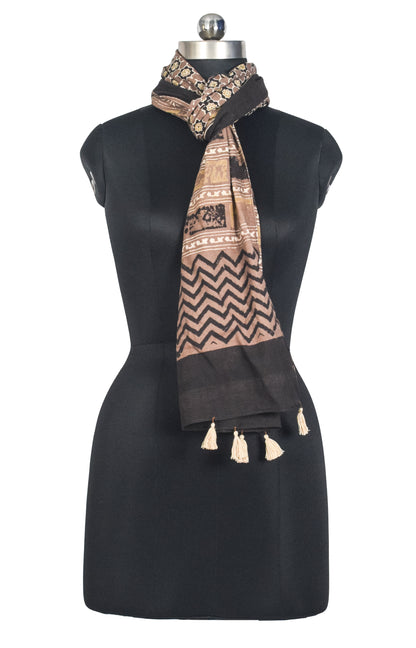 Ajrakh Cotton Natural Dye Hand Block Print Stole with Tassels - 2.1 Mtr Length   -  SKU : ID03901C