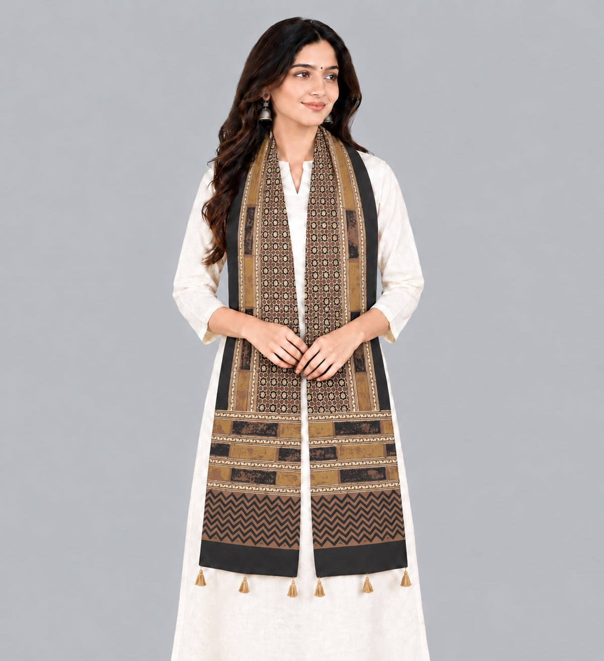 Ajrakh Cotton Natural Dye Hand Block Print Stole with Tassels - 2.1 Mtr Length   -  SKU : ID03901C