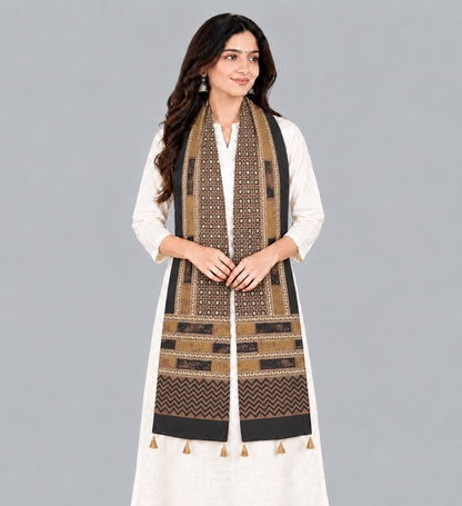 Ajrakh Cotton Natural Dye Hand Block Print Stole with Tassels - 2.1 Mtr Length   -  SKU : ID03901C