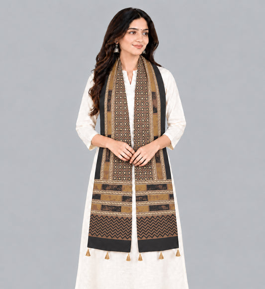 Ajrakh Cotton Natural Dye Hand Block Print Stole with Tassels - 2.1 Mtr Length   -  SKU : ID03901C