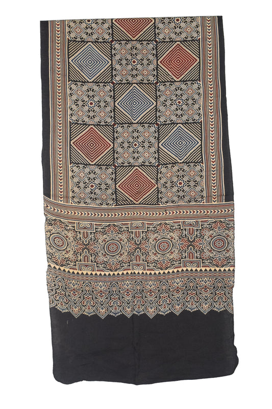 Ajrakh Modal Silk Natural Dye Three Colour Print | 3 Kam | Screen Print Hand Printed Stole  - 2.1 Mtr Length   -  SKU : JH12A01D