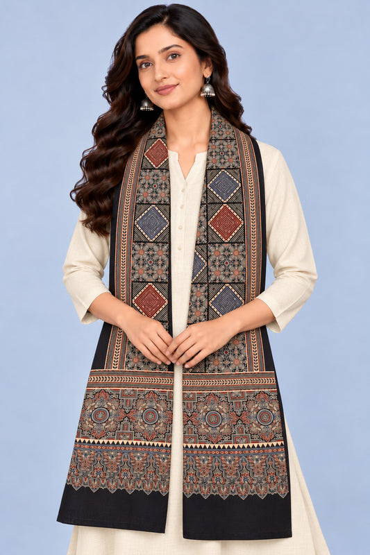 Ajrakh Modal Silk Natural Dye Three Colour Print | 3 Kam | Screen Print Hand Printed Stole  - 2.1 Mtr Length   -  SKU : JH12A01D