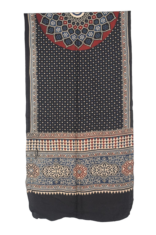 Ajrakh Modal Silk Natural Dye Three Colour Print | 3 Kam | Screen Print Hand Printed Stole  - 2.1 Mtr Length   -  SKU : JH12A01H