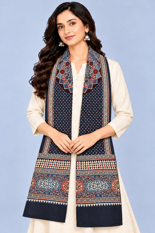 Ajrakh Modal Silk Natural Dye Three Colour Print | 3 Kam | Screen Print Hand Printed Stole  - 2.1 Mtr Length   -  SKU : JH12A01H
