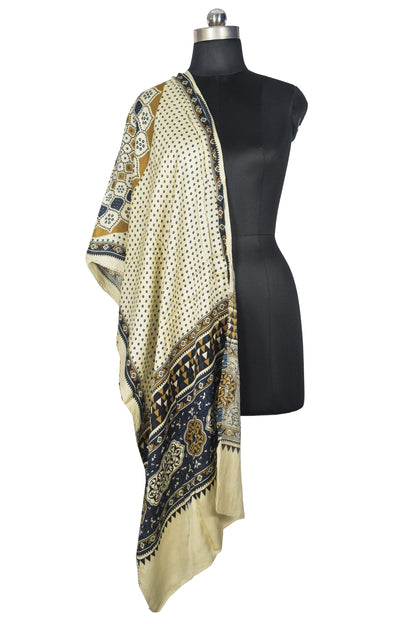 Ajrakh Modal Silk Natural Dye Three Colour Print | 3 Kam | Screen Print Hand Printed Stole  - 2.1 Mtr Length   -  SKU : JH12A01C