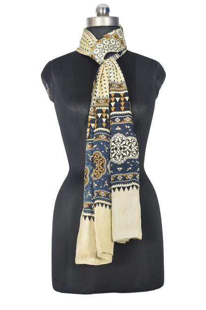 Ajrakh Modal Silk Natural Dye Three Colour Print | 3 Kam | Screen Print Hand Printed Stole  - 2.1 Mtr Length   -  SKU : JH12A01C