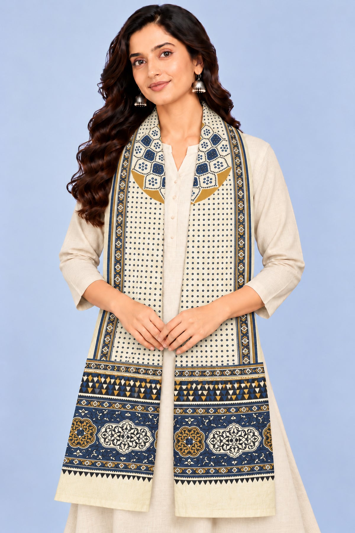 Ajrakh Modal Silk Natural Dye Three Colour Print | 3 Kam | Screen Print Hand Printed Stole  - 2.1 Mtr Length   -  SKU : JH12A01C