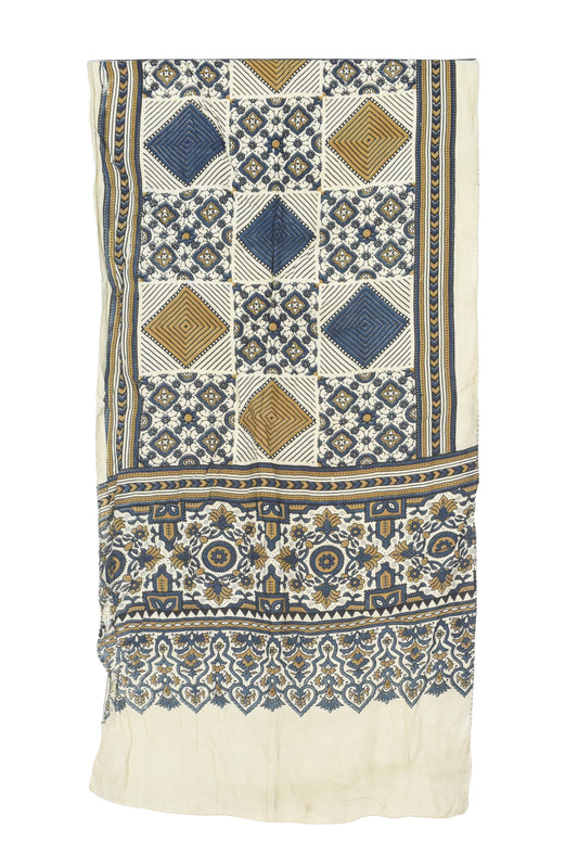 Ajrakh Modal Silk Natural Dye Three Colour Print | 3 Kam | Screen Print Hand Printed Stole  - 2.1 Mtr Length   -  SKU : JH12A01E