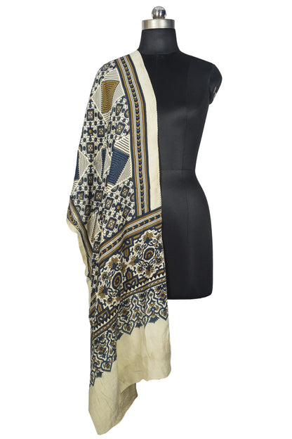 Ajrakh Modal Silk Natural Dye Three Colour Print | 3 Kam | Screen Print Hand Printed Stole  - 2.1 Mtr Length   -  SKU : JH12A01E