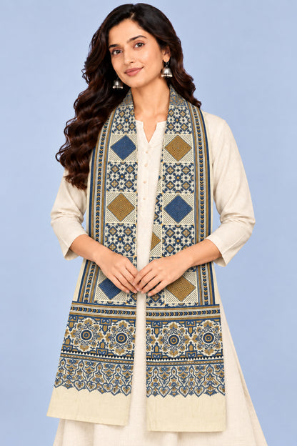 Ajrakh Modal Silk Natural Dye Three Colour Print | 3 Kam | Screen Print Hand Printed Stole  - 2.1 Mtr Length   -  SKU : JH12A01E