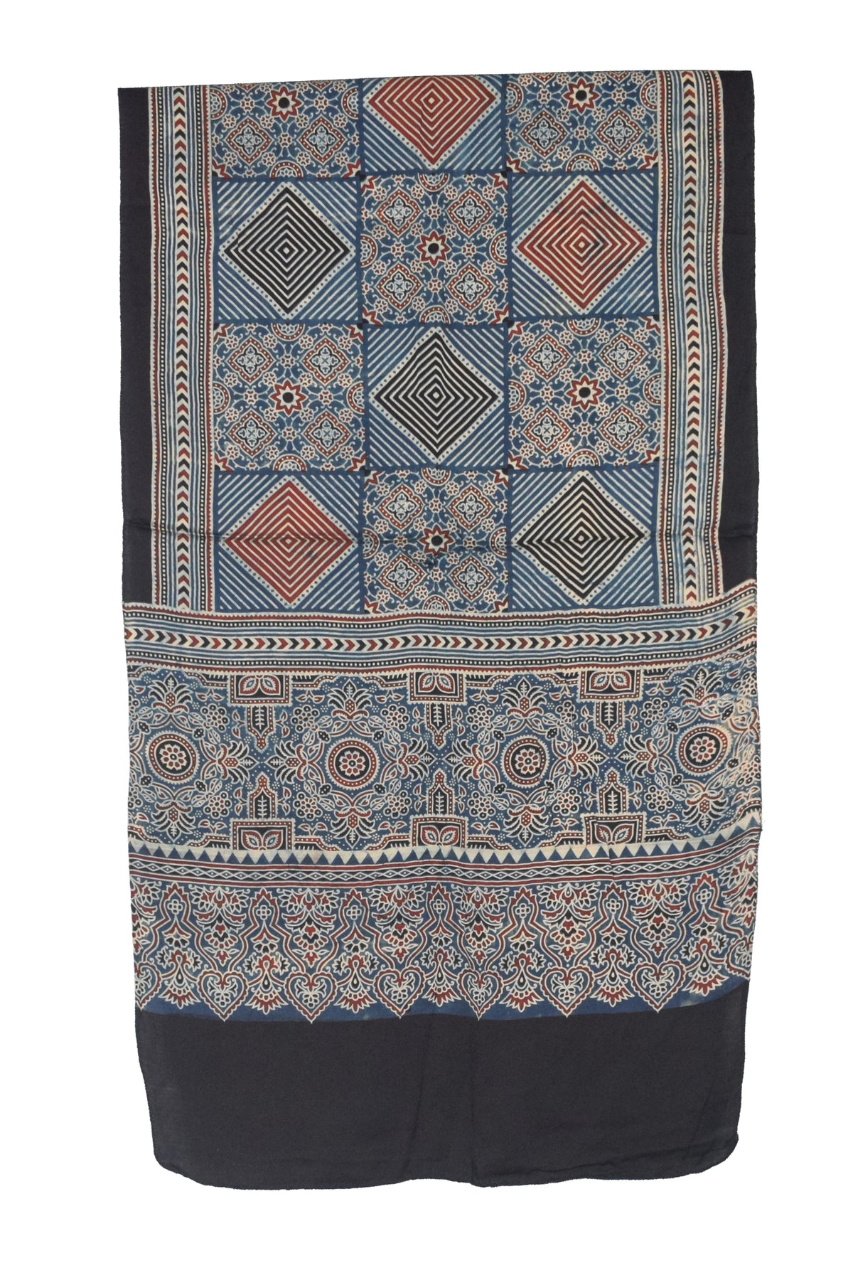 Ajrakh Modal Silk Natural Dye Three Colour Print | 3 Kam | Screen Print Hand Printed Stole  - 2.1 Mtr Length   -  SKU : JH12A01G