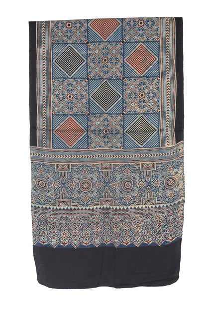 Ajrakh Modal Silk Natural Dye Three Colour Print | 3 Kam | Screen Print Hand Printed Stole  - 2.1 Mtr Length   -  SKU : JH12A01G