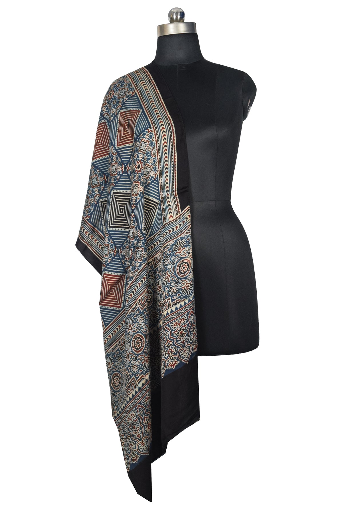 Ajrakh Modal Silk Natural Dye Three Colour Print | 3 Kam | Screen Print Hand Printed Stole  - 2.1 Mtr Length   -  SKU : JH12A01G
