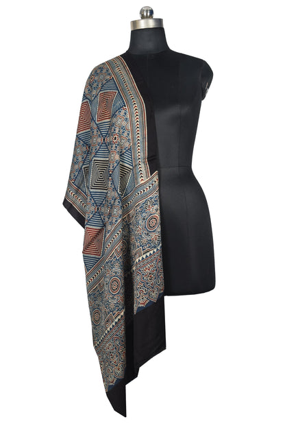 Ajrakh Modal Silk Natural Dye Three Colour Print | 3 Kam | Screen Print Hand Printed Stole  - 2.1 Mtr Length   -  SKU : JH12A01G