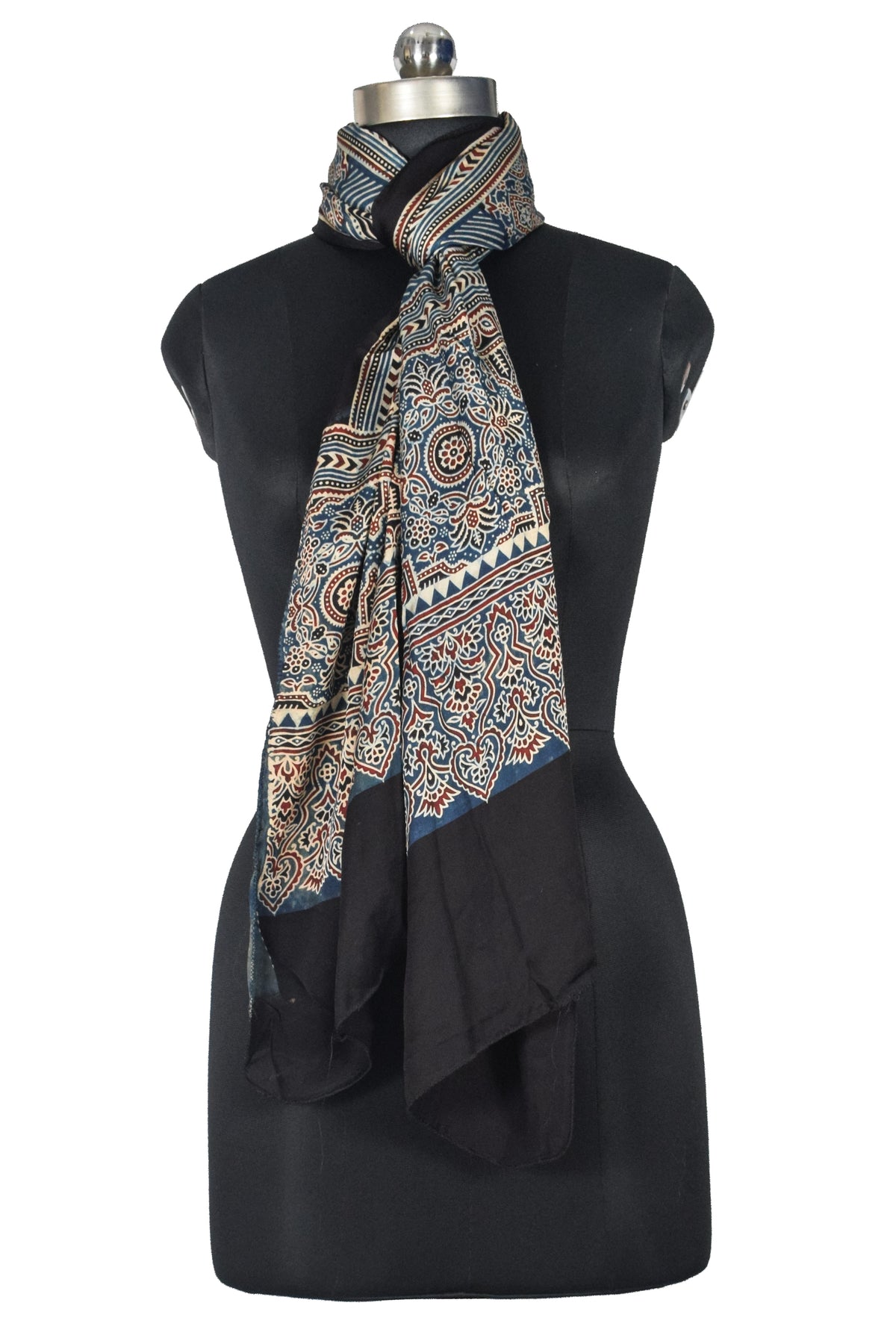 Ajrakh Modal Silk Natural Dye Three Colour Print | 3 Kam | Screen Print Hand Printed Stole  - 2.1 Mtr Length   -  SKU : JH12A01G