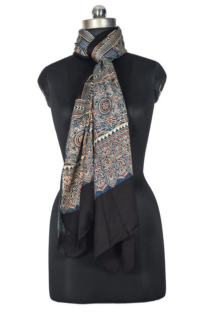 Ajrakh Modal Silk Natural Dye Three Colour Print | 3 Kam | Screen Print Hand Printed Stole  - 2.1 Mtr Length   -  SKU : JH12A01G