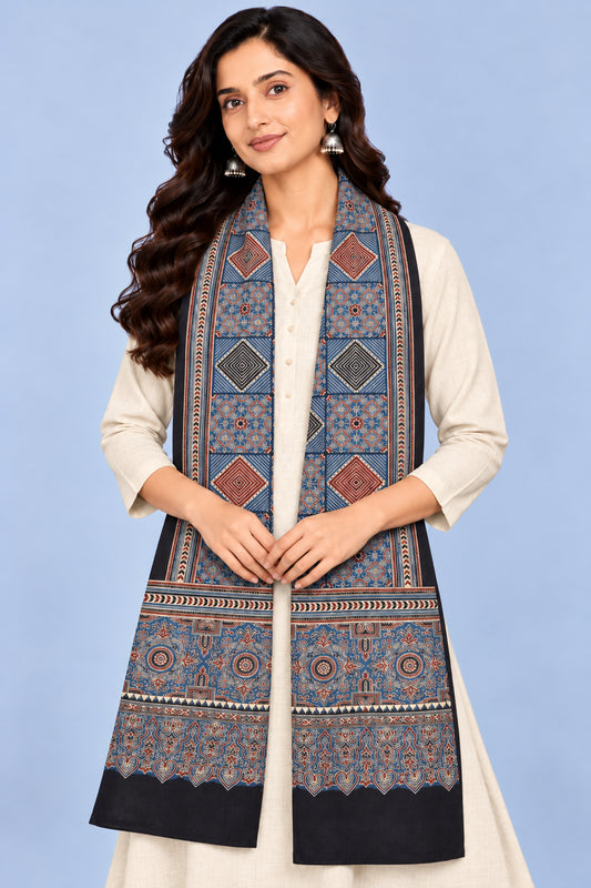 Ajrakh Modal Silk Natural Dye Three Colour Print | 3 Kam | Screen Print Hand Printed Stole  - 2.1 Mtr Length   -  SKU : JH12A01G