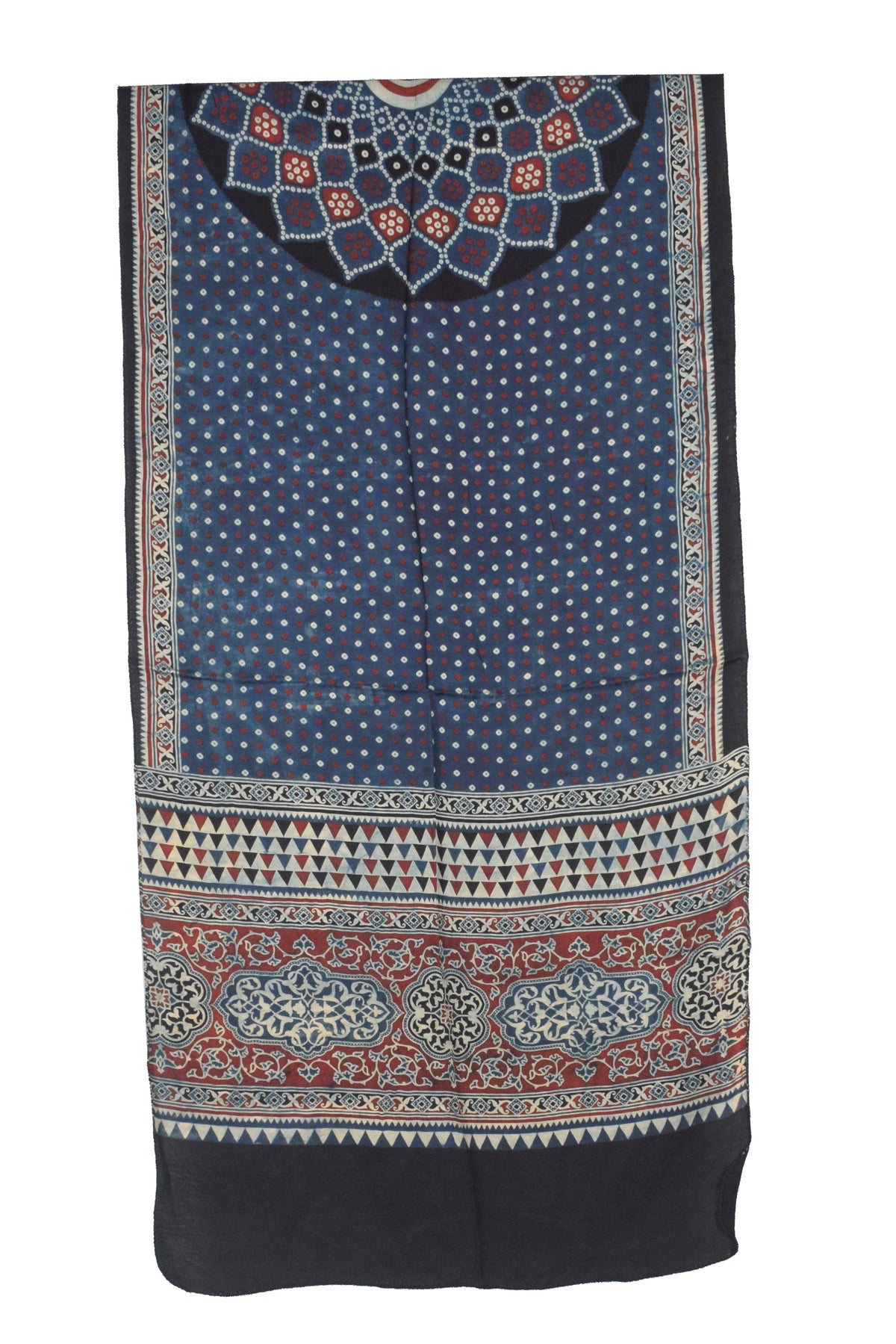 Ajrakh Modal Silk Natural Dye Three Colour Print | 3 Kam | Screen Print Hand Printed Stole  - 2.1 Mtr Length   -  SKU : JH12A01B