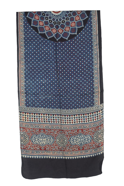 Ajrakh Modal Silk Natural Dye Three Colour Print | 3 Kam | Screen Print Hand Printed Stole  - 2.1 Mtr Length   -  SKU : JH12A01B