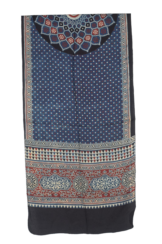 Ajrakh Modal Silk Natural Dye Three Colour Print | 3 Kam | Screen Print Hand Printed Stole  - 2.1 Mtr Length   -  SKU : JH12A01B