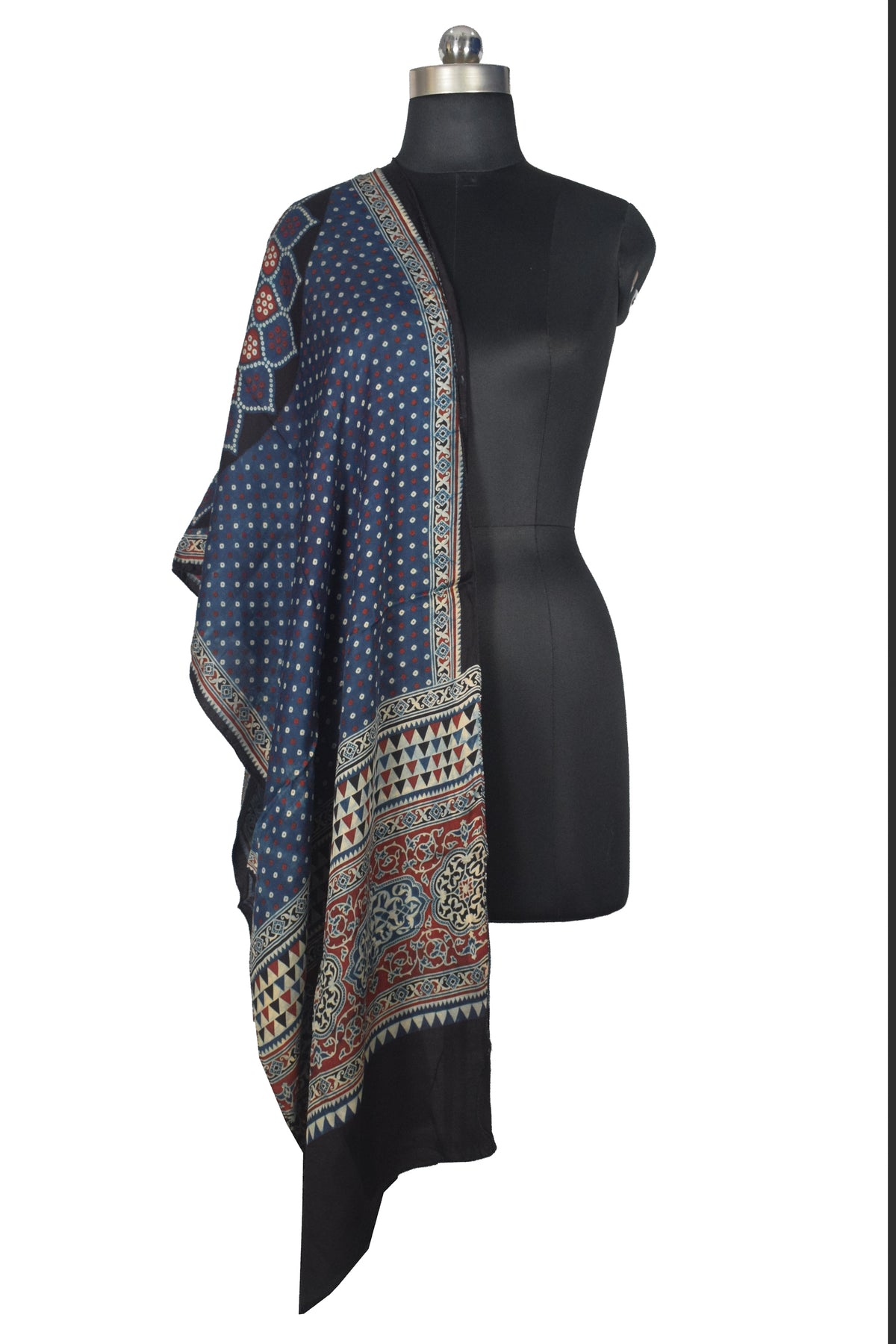 Ajrakh Modal Silk Natural Dye Three Colour Print | 3 Kam | Screen Print Hand Printed Stole  - 2.1 Mtr Length   -  SKU : JH12A01B