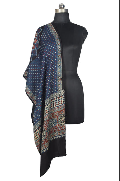Ajrakh Modal Silk Natural Dye Three Colour Print | 3 Kam | Screen Print Hand Printed Stole  - 2.1 Mtr Length   -  SKU : JH12A01B