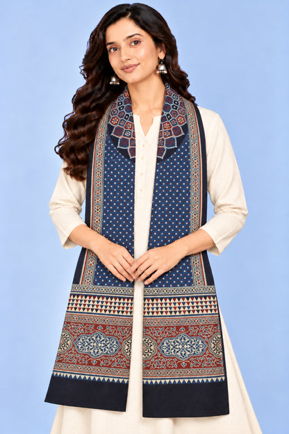 Ajrakh Modal Silk Natural Dye Three Colour Print | 3 Kam | Screen Print Hand Printed Stole  - 2.1 Mtr Length   -  SKU : JH12A01B