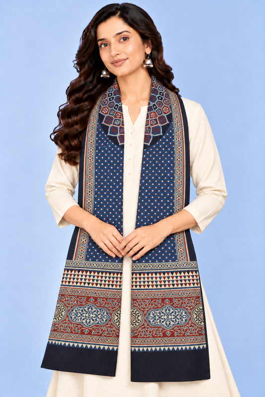 Ajrakh Modal Silk Natural Dye Three Colour Print | 3 Kam | Screen Print Hand Printed Stole  - 2.1 Mtr Length   -  SKU : JH12A01B