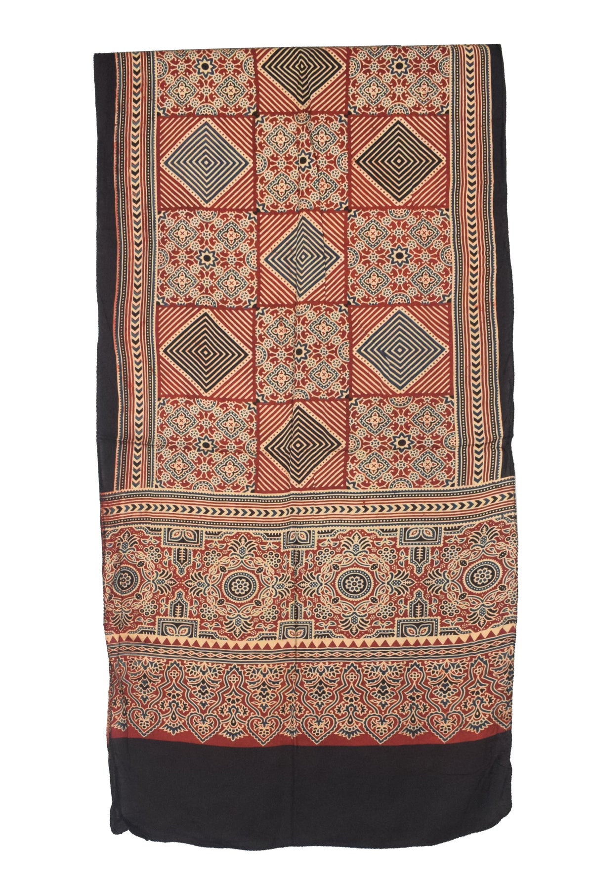 Ajrakh Modal Silk Natural Dye Three Colour Print | 3 Kam | Screen Print Hand Printed Stole  - 2.1 Mtr Length   -  SKU : JH12A01A