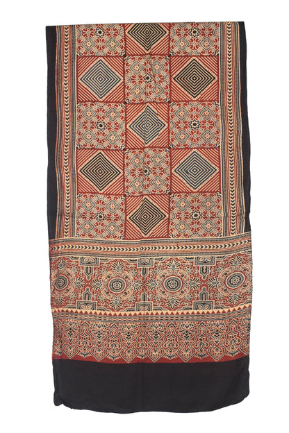 Ajrakh Modal Silk Natural Dye Three Colour Print | 3 Kam | Screen Print Hand Printed Stole  - 2.1 Mtr Length   -  SKU : JH12A01A