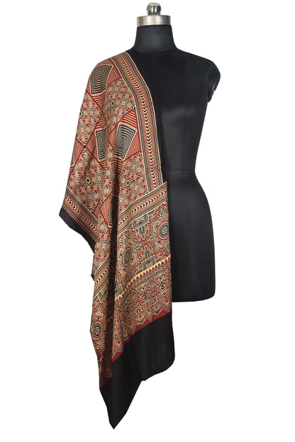 Ajrakh Modal Silk Natural Dye Three Colour Print | 3 Kam | Screen Print Hand Printed Stole  - 2.1 Mtr Length   -  SKU : JH12A01A